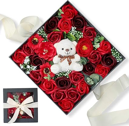 Amazon ソープフラワー ギフト ボックス ぬいぐるみ カーネーション ひまわり 造花 ブリザードフラワー 母の日 誕生日のプレゼント 花 女性 人気 妻 結婚記念日 発表会 送別会 入学 卒業 退職 お見舞 敬老の日 メッセージカード付きlサイズ 赤 造花 オンライン通販