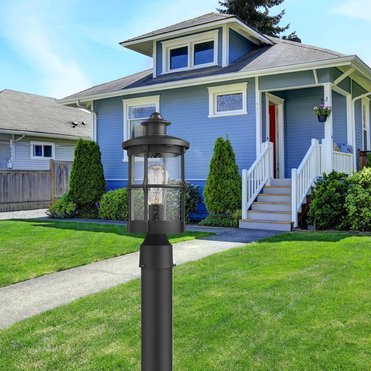 Outdoor Post Lights, Exterior Post Sconce, Outdoor Lamp, Pathway Post Lighting Fixture, Patio Pillar Light in Black Finish with Seeded Glass