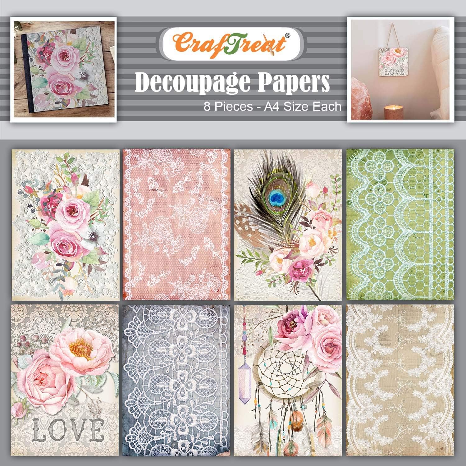 CrafTreat Boho Decoupage Paper A4 (8.3 x 11.7 Inch) – 8 Sheets Bohemian Printed Craft Paper for Furniture, Scrapbooking, Collage & DIY Home Décor