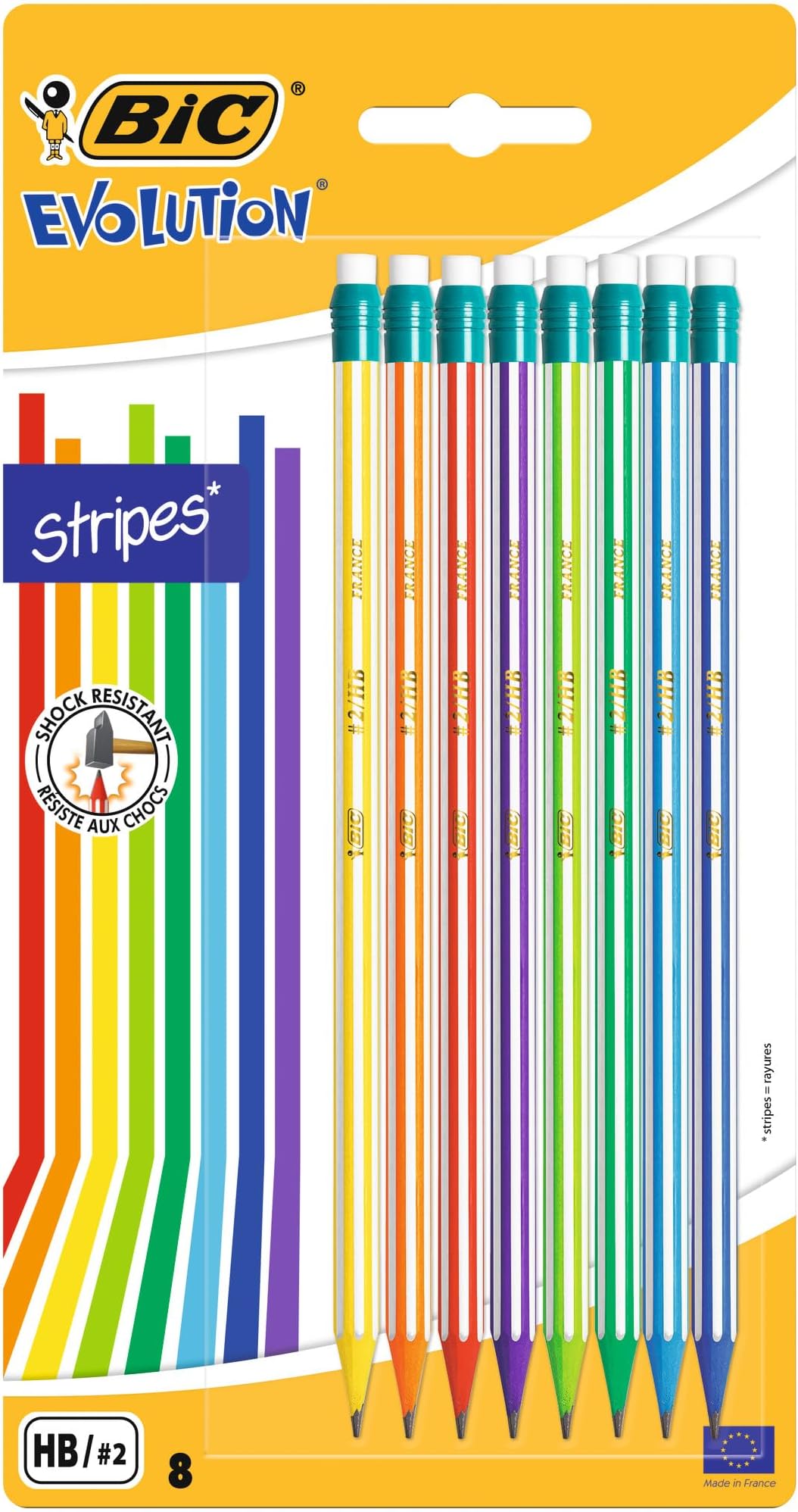 BIC Evolution Graphite Pencils - Pack of 8 - HB Pencils with Eraser - Colourful Stripe Design and Shock-Resistant Lead