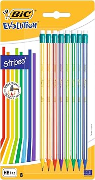 BIC Evolution Graphite Pencils - Pack of 8 - HB Pencils with Eraser - Colourful Stripe Design and Shock-Resistant Lead