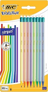 BIC Evolution Stripes Lápis de grafite HB com borracha, cores sortidas, bolha de 8 unidades