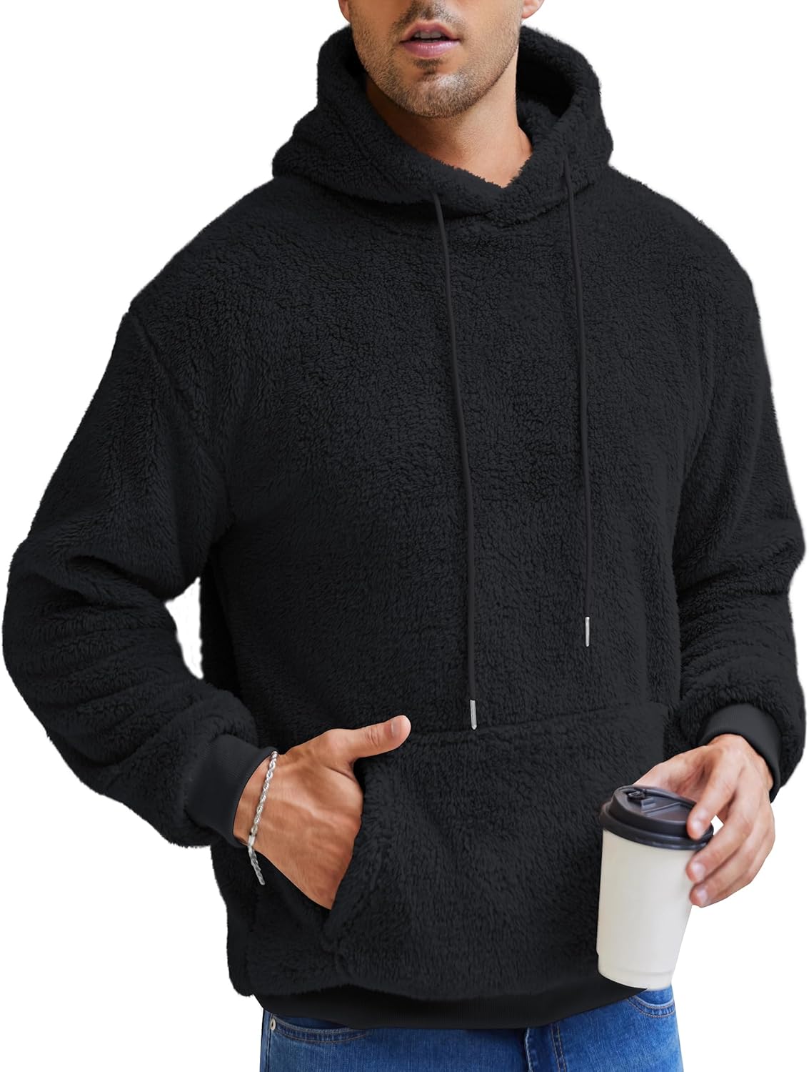 Aimeilgot Mens Hoodie Sherpa Fuzzy Soft Casual Sweatshirts Long Sleeve Classic Pullover Drawstring Hooded Outwear with Pocket - Image 4