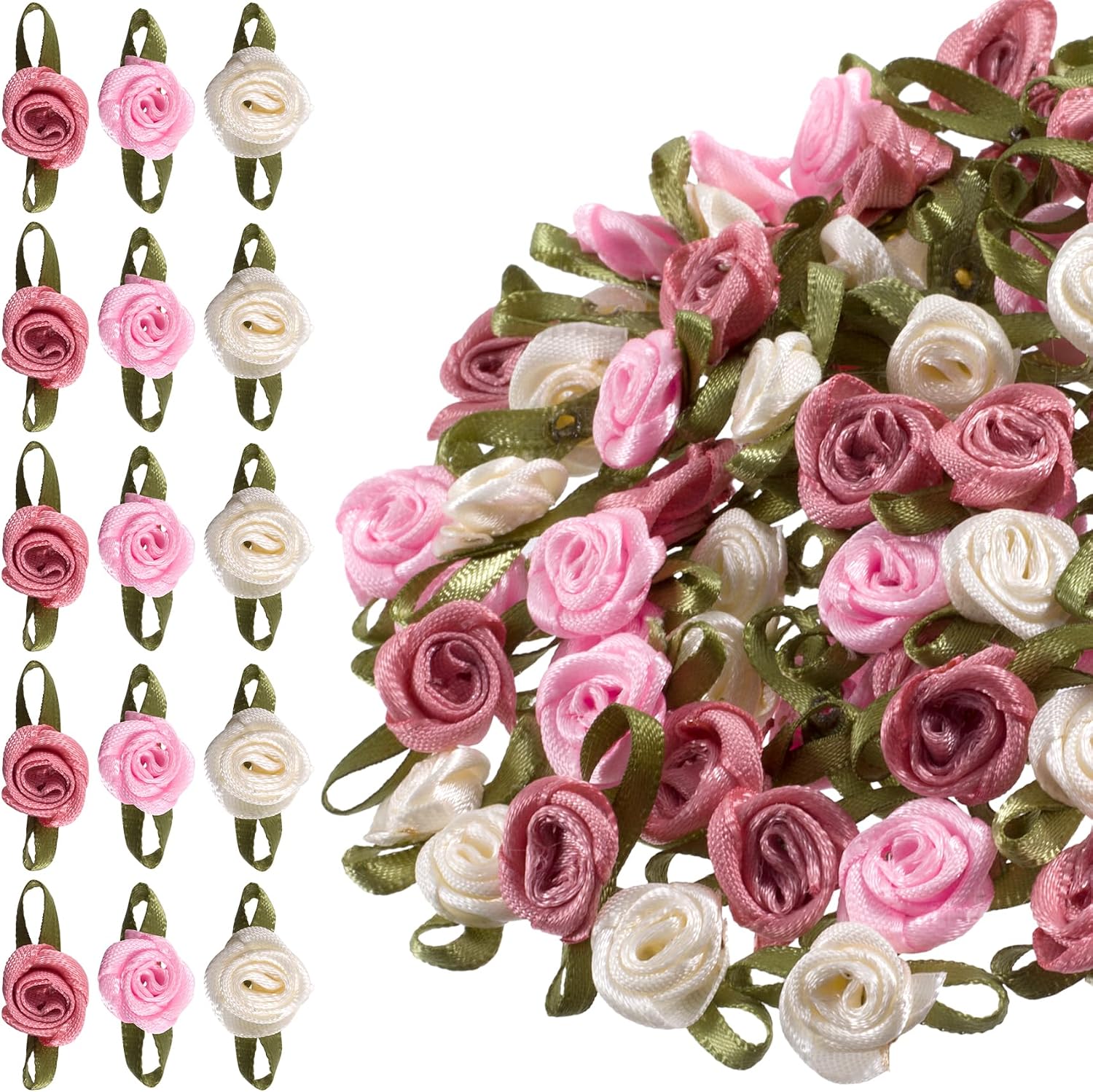 75pcs Mini Ribbon Roses, 10mm Satin Rose Flowers with Leaves, Pre-Made Fabric Flowers for Crafts Hair Accessories DIY Sewing Wedding Decoration - Beige, Pink, Deep Pink