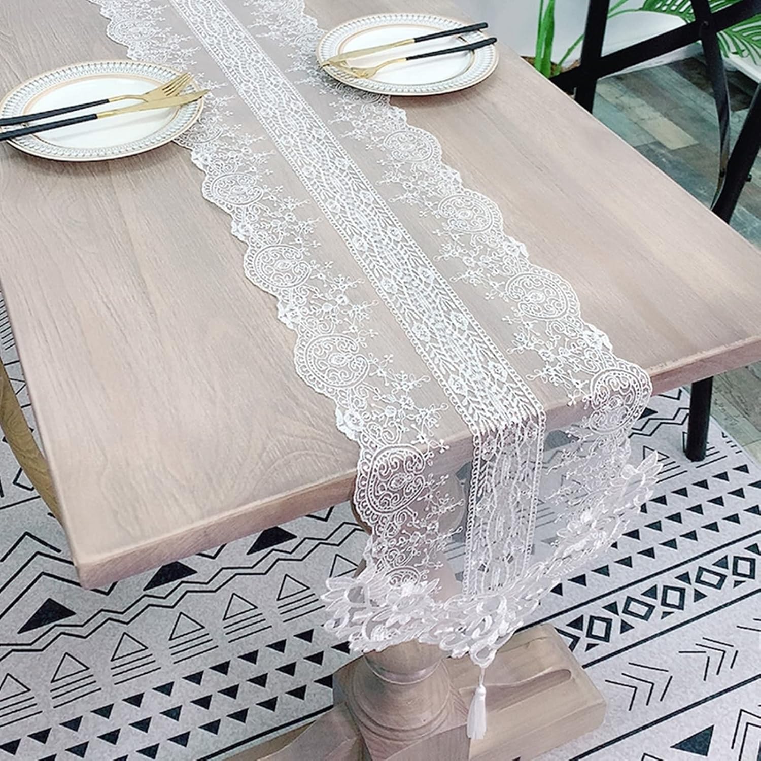 Small Table Runner Rectangle,12" x 108",Lace with Embroidery Table Runners Polyester Dining Table Running White