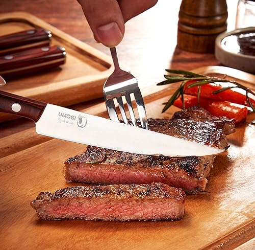 Miniatura 3 de Juego de 6 cuchillos de carne de alta calidad en caja de regalo, mango de madera pulida, acero inoxidable alemán HC, borde recto, no dentado