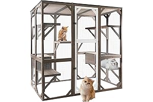 Cateo 71-Inch Weatherproof Wooden Outdoor Cat Enclosure with Platforms, Lounge Boxes, and Indoor Interoperability