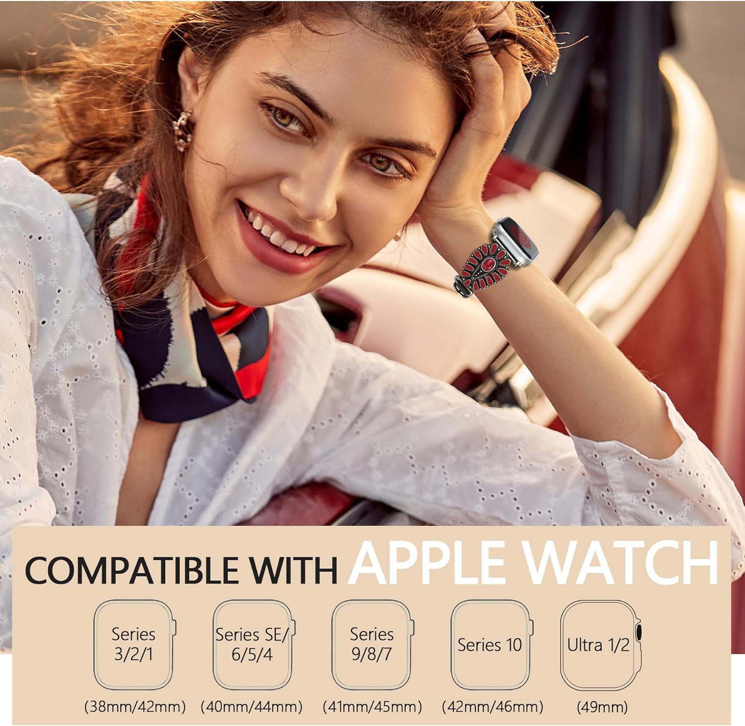 JR.DM Leather Band Compatible with Apple Watch Women 38/40/41/42/44/45/46/49mm Western Designer Boho Turquoise Retro Tribal Classic Straps for iWatch Series 10 9 8 7 6 5 4 3 2 1 SE Ultra