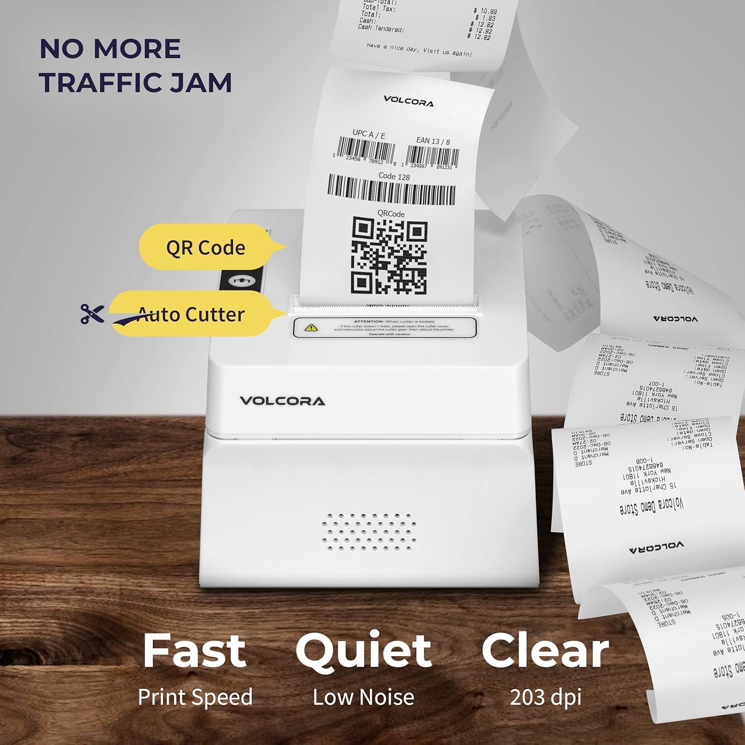 Volcora Thermal Receipt Printer features: QR code, auto cutter, fast, quiet, clear print