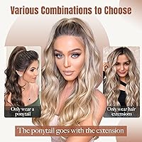 Vista 5 de FLUFYMOOZ Juego de 4 extensiones de cola de caballo media arriba y media plumón, extensiones de cabello sintético suave para mujer, extensiones