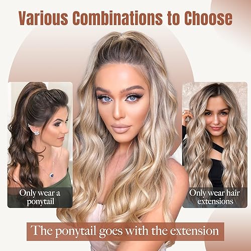 Miniatura 5 de FLUFYMOOZ Juego de 4 extensiones de cola de caballo media arriba y media plumón, extensiones de cabello sintético suave para mujer, extensiones de