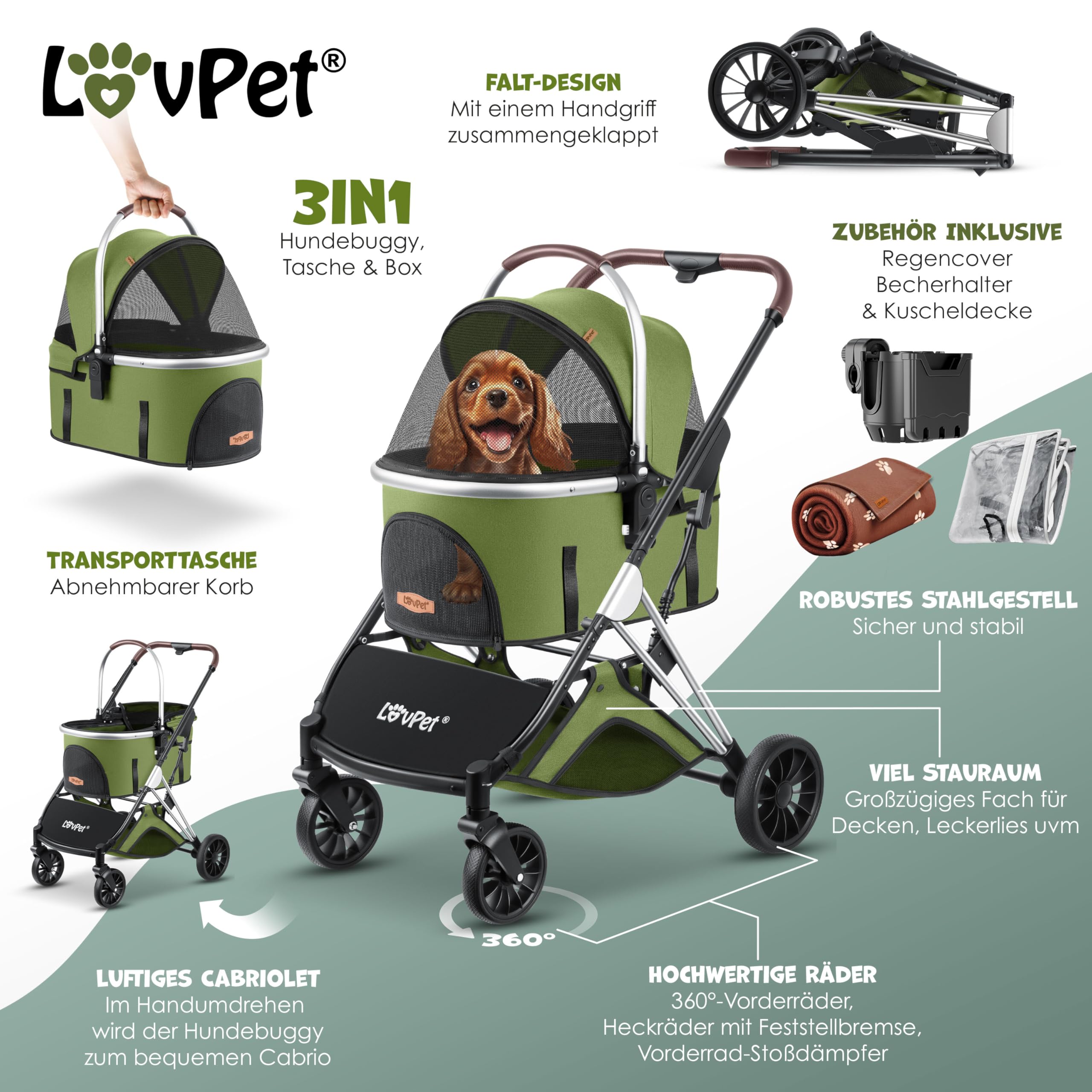 LOVPET® Passeggino per cani 3 in 1, borsa per il trasporto per cani di piccola taglia, pieghevole a 360°, con finestre a rete e copertura antipioggia, per cani di piccola taglia e gatti