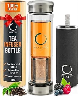 Pure Zen Tea Tumbler with Infuser - Double Wall Glass Travel Mug with St...