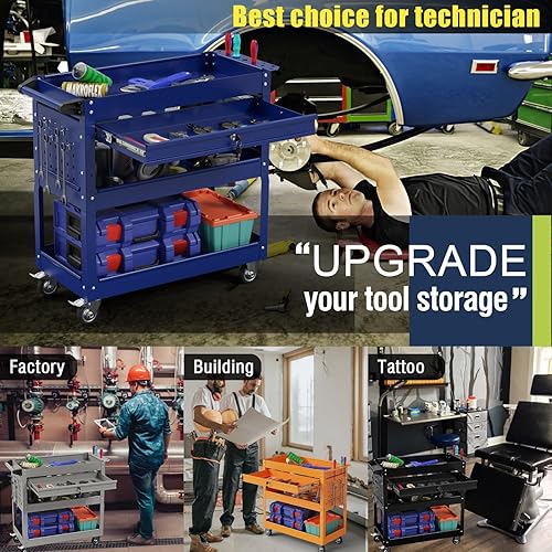 Miniatura 6 de Carrito de herramientas rodante de 3 niveles, carrito utilitario de capacidad de 330 libras con ruedas, carrito de herramientas de servicio de metal