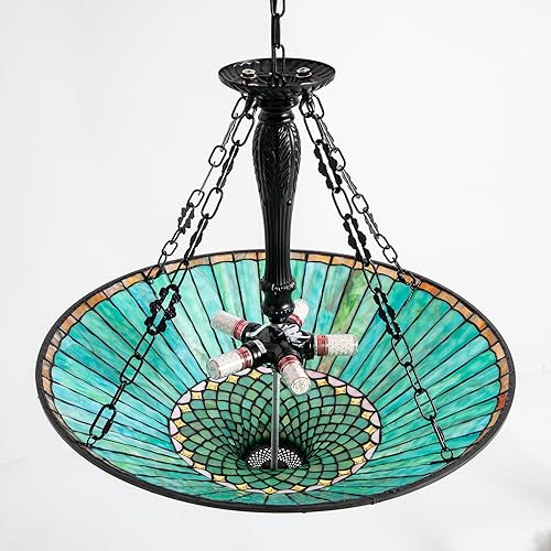 Miniatura 3 de Flhonudi Lámpara colgante Tiffany de 23.6 pulgadas, 5 luces, lámpara colgante de vitral, lámpara de techo vintage para dormitorio, sala de estar,