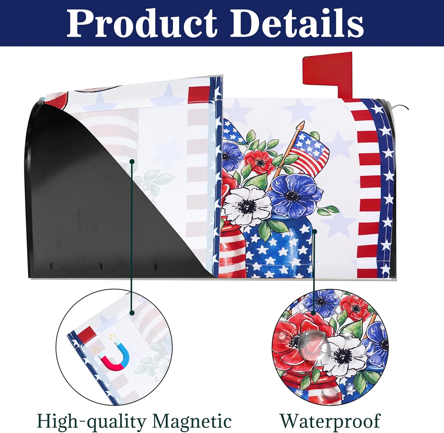 4th of July Mailbox Covers Magnetic Standard Size 18" x 21", Patriotic Mailbox Cover Red and Blue Floral Mailbox Post Letter Box Cover for Independence Day Memorial Day Garden Yard Decor
