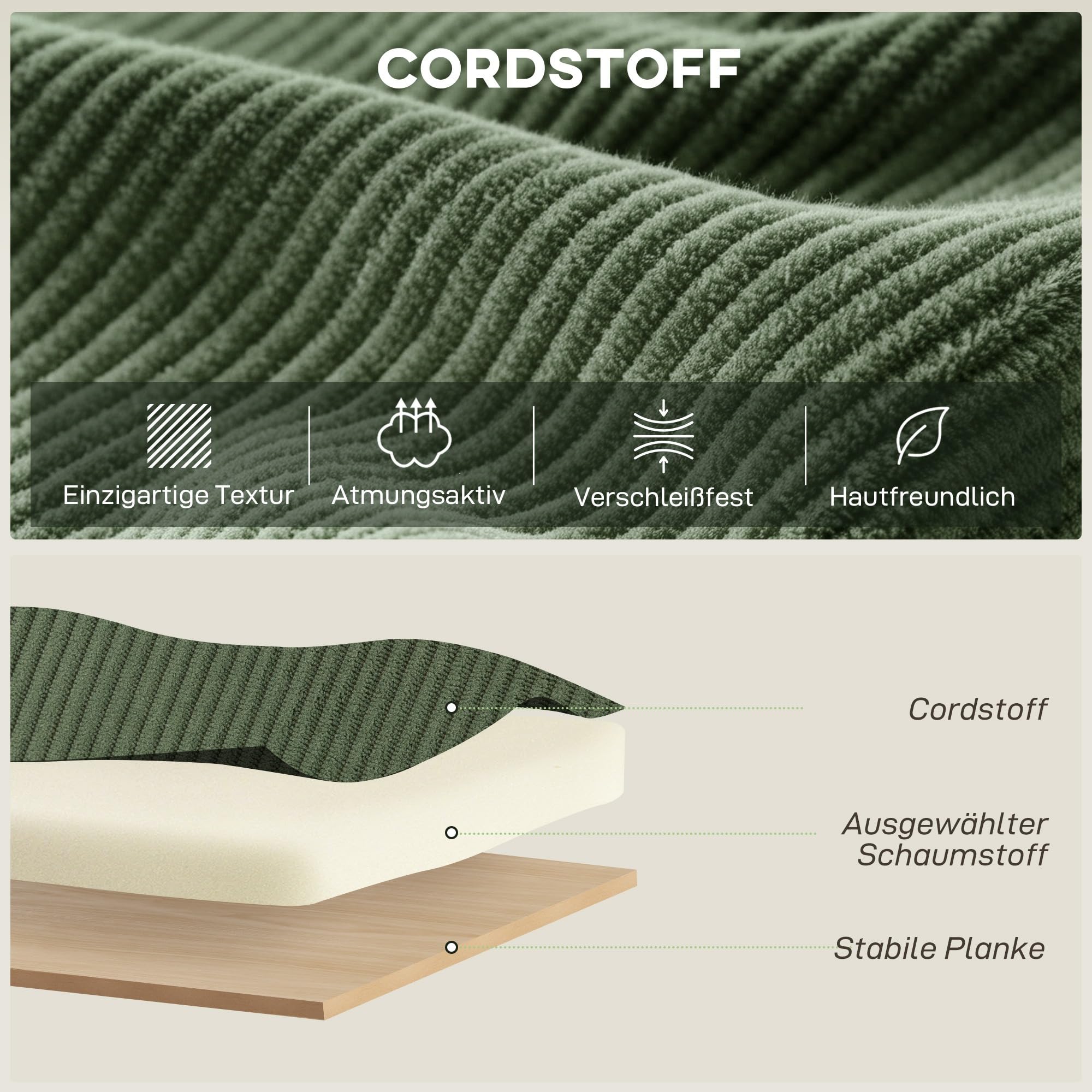 HOMCOM Sessel Drehbar Loungesessel mit Breitem Sitz Moderner Polstersessel mit Geschwungene Rückenlehne und Dicker Polsterung Relaxsessel mit Cord-Optik für Wohnzimmer, Schlafzimmer, Grün