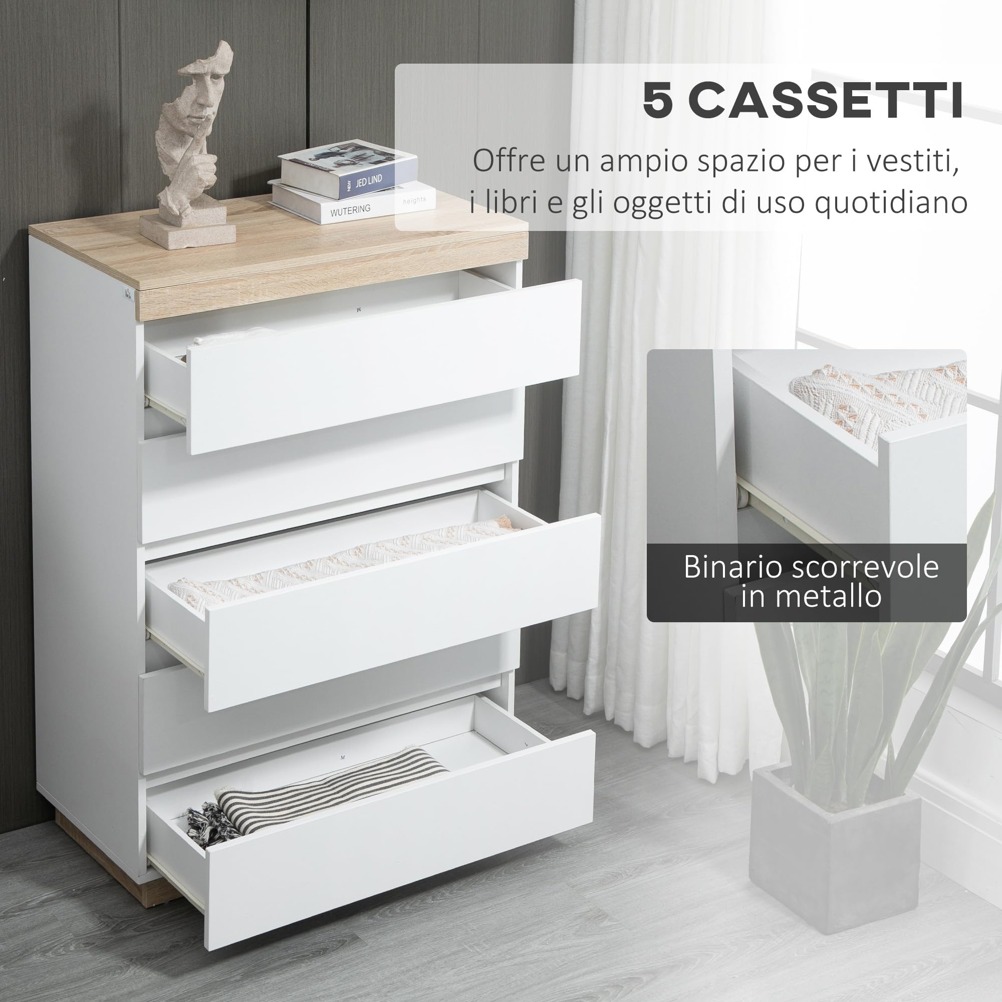 HOMCOM Cassettiera 5 Cassetti in Legno, Cassettiera Camera da Letto con Dispositivo Antiribaltamento, 80x40x109 cm, Bianco e Rovere