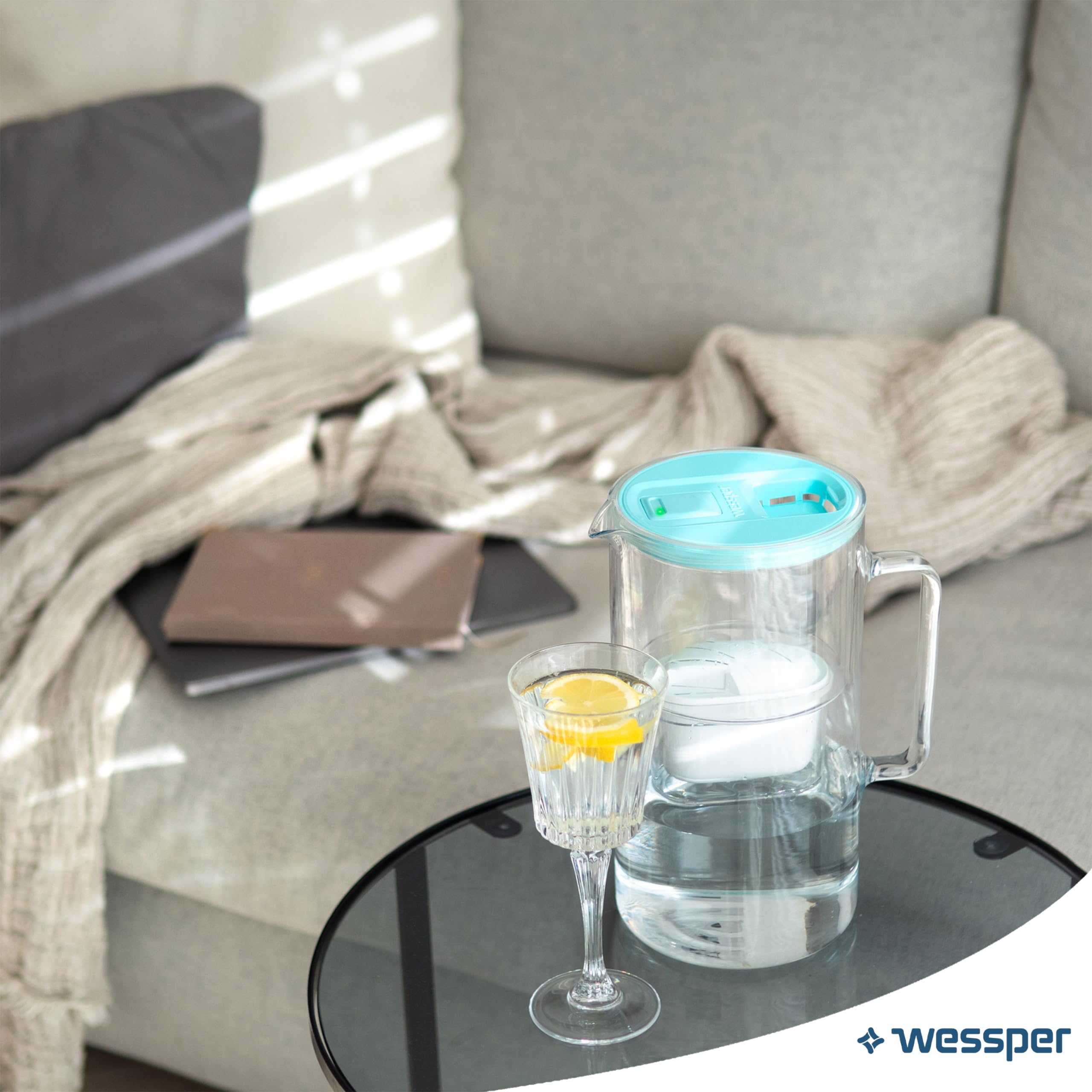 Wessper Jarra Filtradora de Agua con Indicador LED, 3 Litros, Jarra Agua Cristal, Jarra con Cartucho Filtro Agua, Filtro de Agua, sin de BPA "BPA FREE" - Menta
