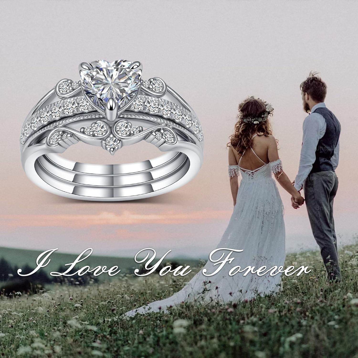 2 Carat(ctw) Heart-Cut Moissanite Engagement Rings Sets for Women,925 Sterling Silver Infinity Wedding Rings Sets,Bridal Ring Set for Anniversary Birthday | 3 Pieces