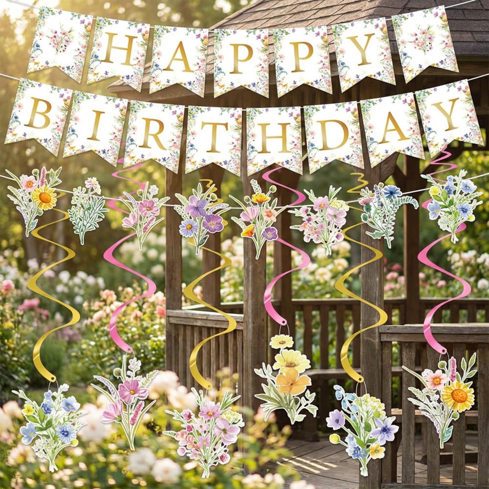 Floral Happy Birthday Decorations for Women and Girls - Complete Party Supplies Set with Flower Banner, Garland and Hanging Swirls - Easy to Assemble Spring Theme Decor for Indoor Outdoor