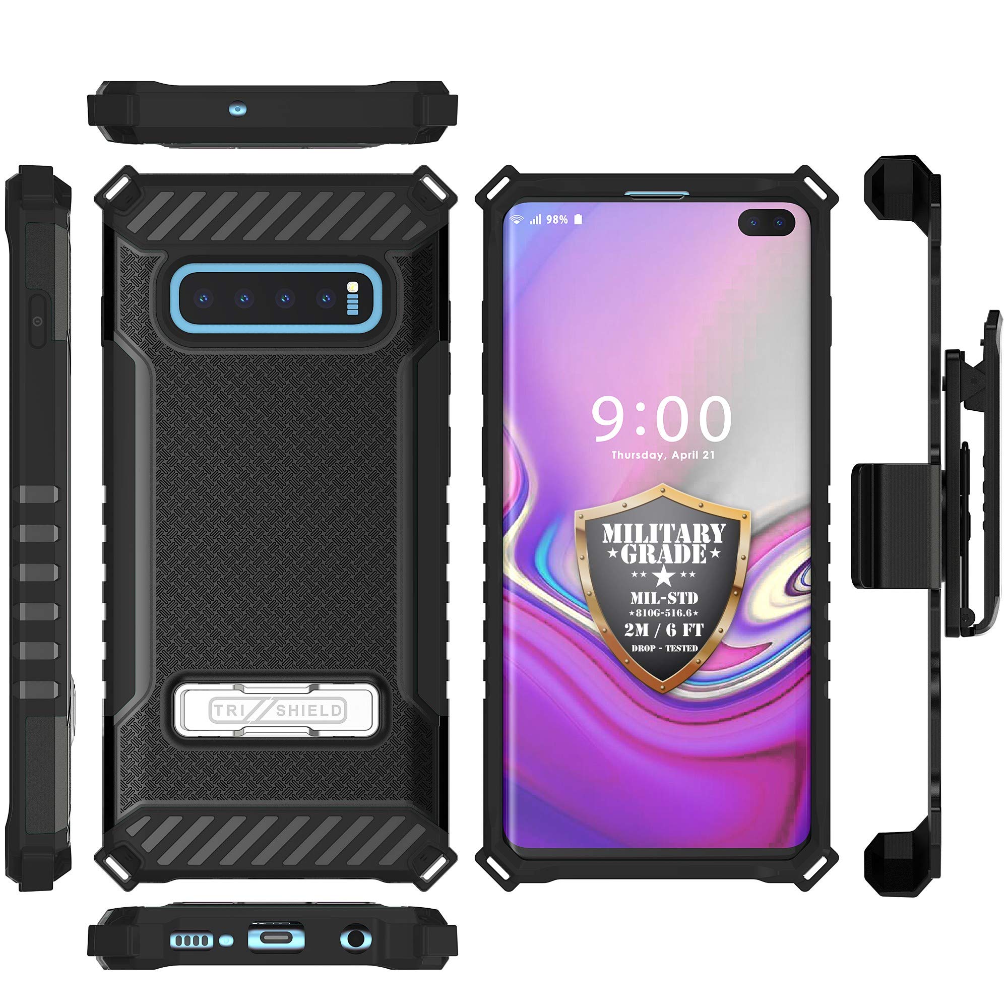 Beyond Cell TRISHIELD Series Rugged Cover with + [Belt Clip Holster] + [Built in Kickstand] Compatible with Galaxy S10 Plus- US Flag Skull #2
