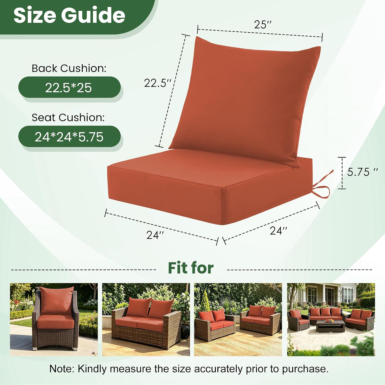 Patio Cushions for Outdoor Furniture, 24x24 Outdoor Couch Cushions, Waterproof & Fade-Resistant Patio Chair Cushions with Removable Cover, Replacement Outdoor Deep Seat Cushion, Spice (Set of 1) thumbnail