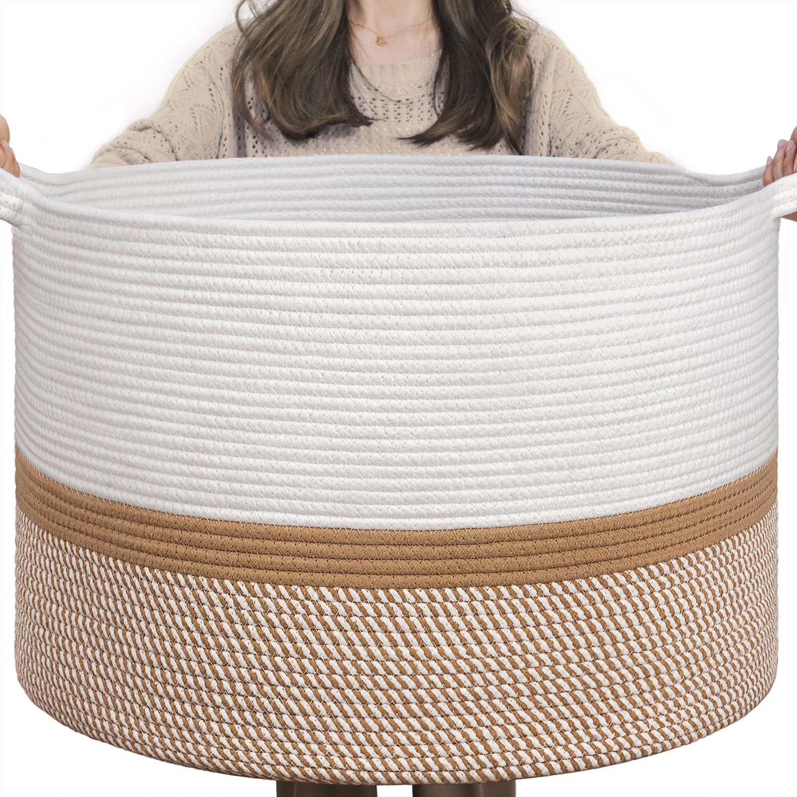 INDRESSME XXXLarge Cotton Rope Basket 21.7" x 21.7" x 13.8" Woven Baby laundry Blanket Basket for Home Decor Living Room Nursery, Toy Storage Baskets for Kids Boys Girls, White &amp; Camel Mix