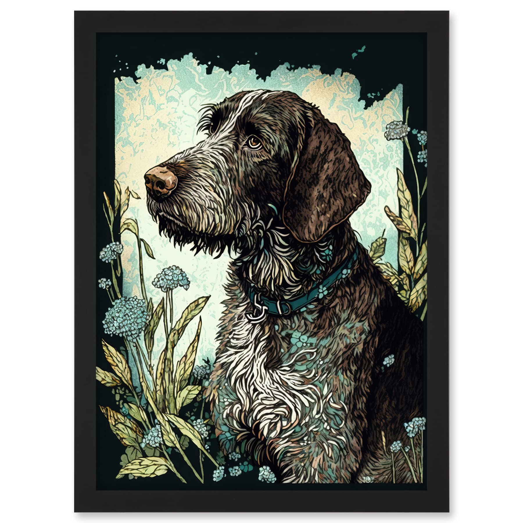 Artery8 German Wirehead Pointer Dog and Blue Wildflowers Modern Portrait Illustration Artwork Framed A3 Wall Art Print