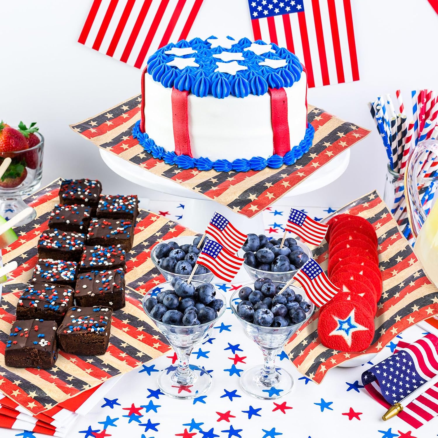 Teling 150 Pcs Patriotic Wax Paper Sheets Food Basket Liners Red White and Blue Baking Paper Sheets 4th of July Deli Sandwich Wax Wrappers for Independence Day Kitchen Party Supplies(Retro Style)