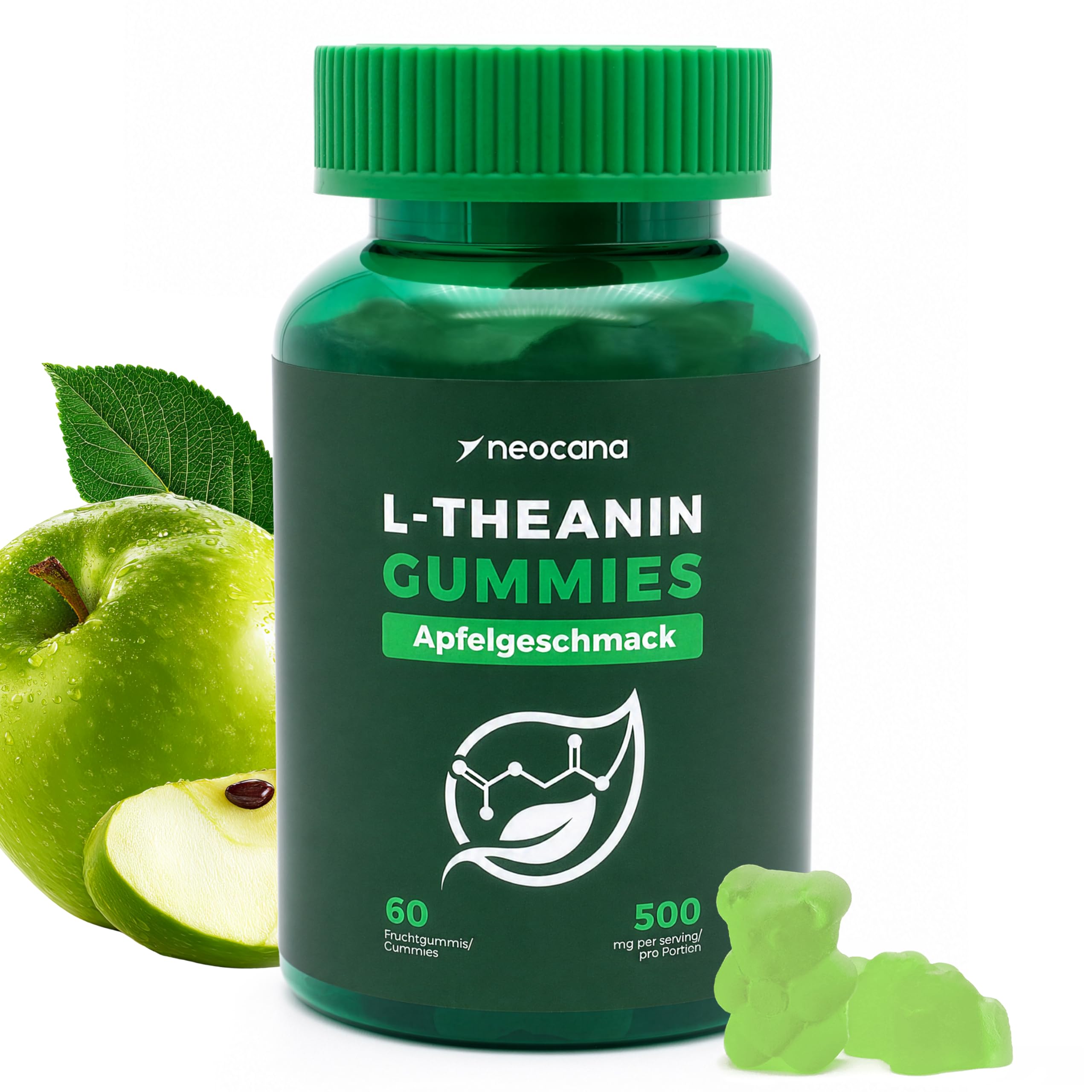 3er Pack L-Theanin Gummies 500 mg pro Portion – Apfelgeschmack - Hochdosierte vegane L-Theanine Fruchtgummis mit Kamillenextrakt, Magnesium, Rhodiola & Lavendel - Nahrungsergänzungsmittel - 60 Stück