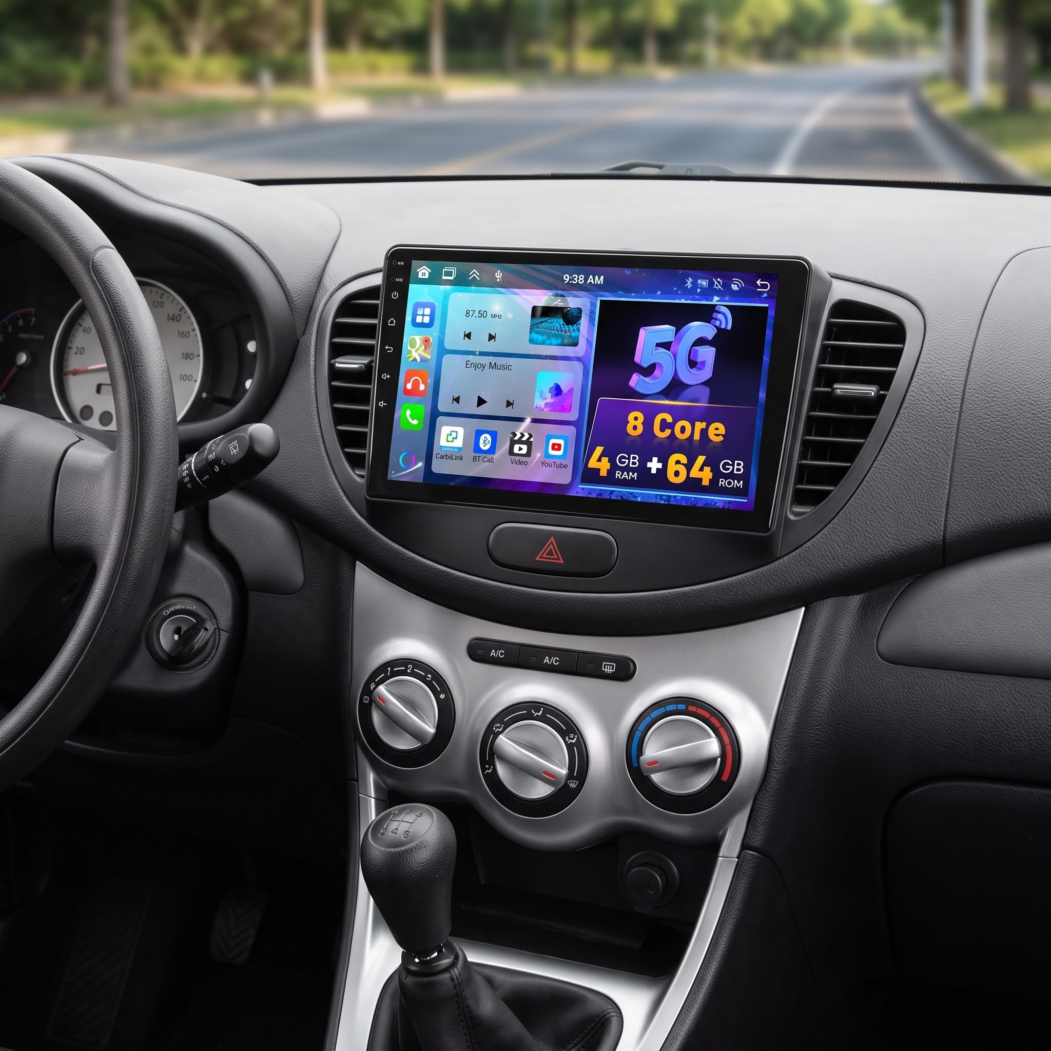 8 Core 4G+64G Hikity Android 15 Radio de Coche para Hyundai I10 2007-2013 con Carplay Android Auto, 9 Pulgadas IPS de Pantalla Táctil con GPS Bluetooth WiFi FM/RDS DSP Cámara Trasera