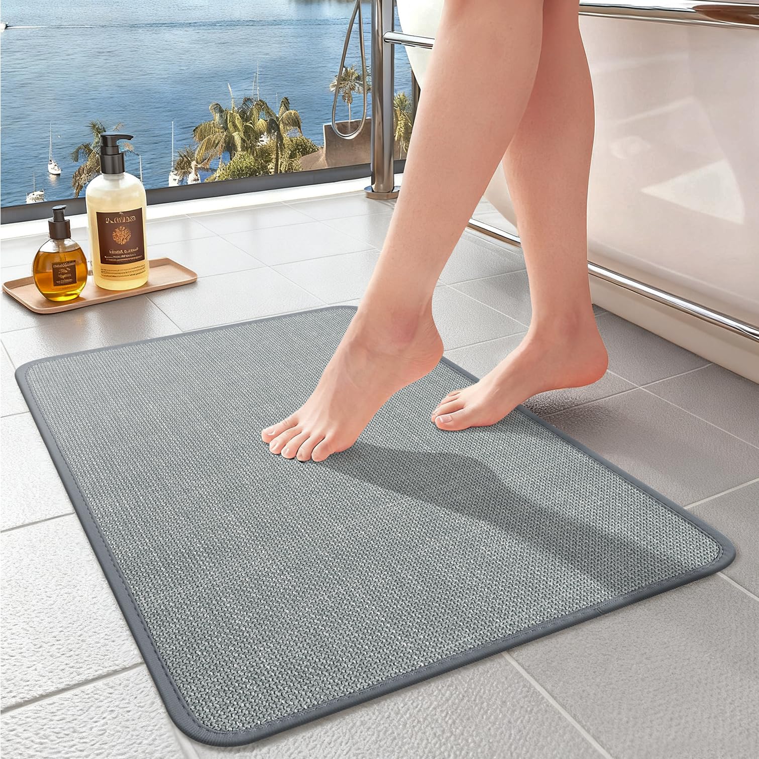 Bath Mat,Super Absorbent Non Slip Ultra Thin Bath Mat, Quick Dry Rubber Backing Bath Mats,Braided Absorbent Bathroom Mat,Low-pile Shower mat fit Under Door Bathroom Bathtub (Light Blue, 43x120cm)