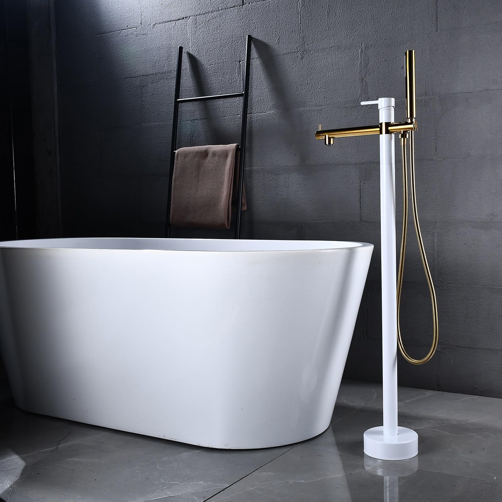 BHGFYXBS Shower Mixer Tap Freestanding Bath Mixer Tap White+Gold 360 Swivel Spout Hand Held Shower Head And Hose Set For Bath Taps Single Lever Shower Mixer,White+gold