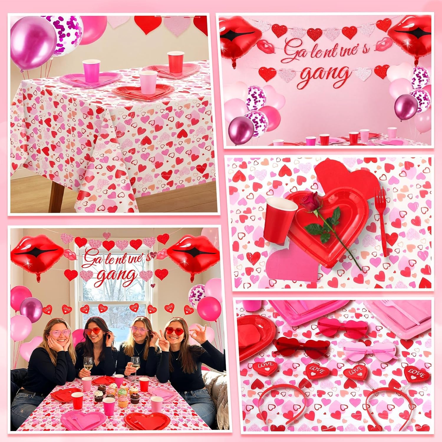 Ceenna 90 Pcs Galentines Day Party Decorations Galentine's Gang Banner Disposable Heart Shaped Plates Napkins Paper Cups Lip Balloons Tablecloth Headbands Glasses Supplies Serve for 12 Guests