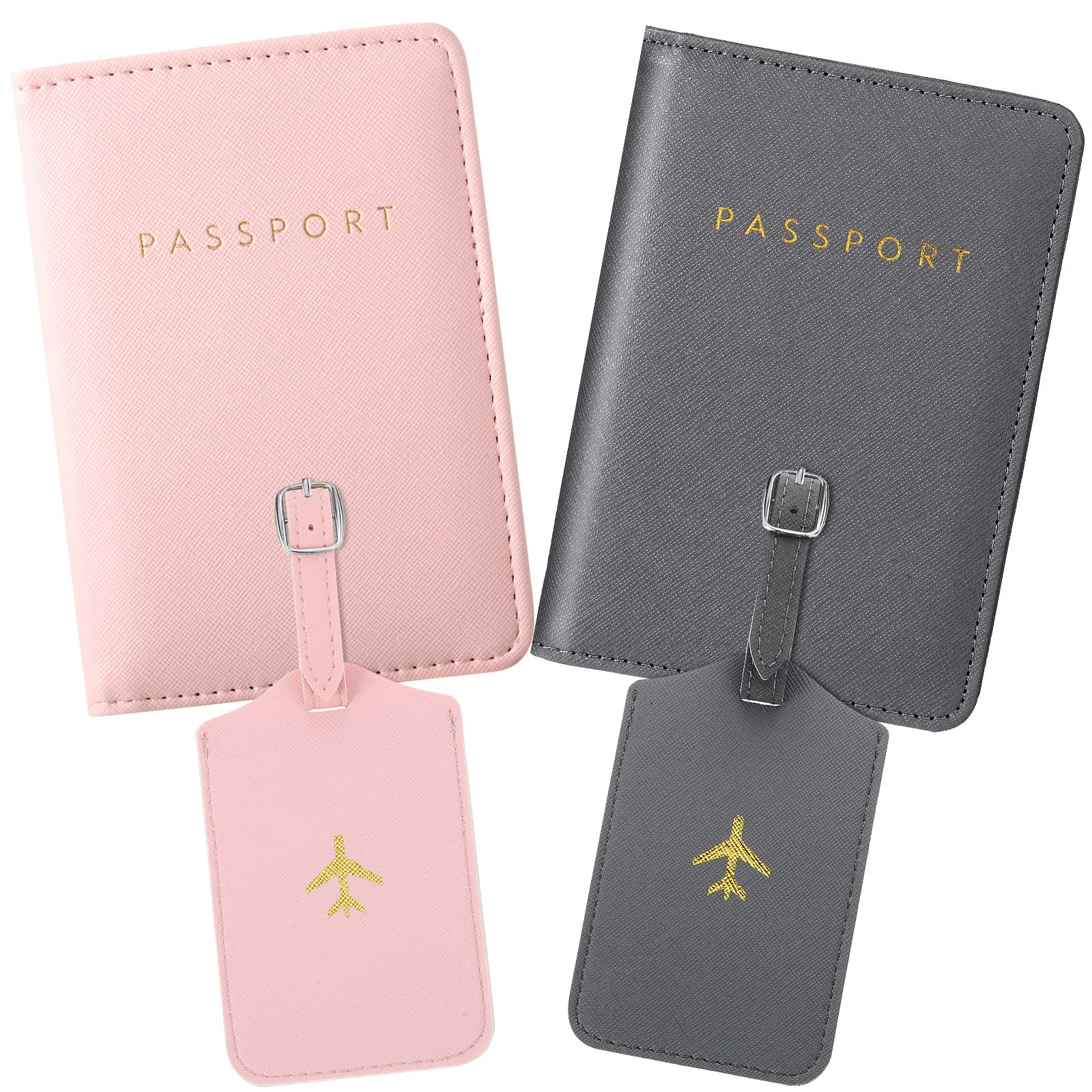 2 Pieces Passport Covers and 2 Pieces Luggage Tags, Passport Holder Travel Suitcase Tag (Pink, Gray)