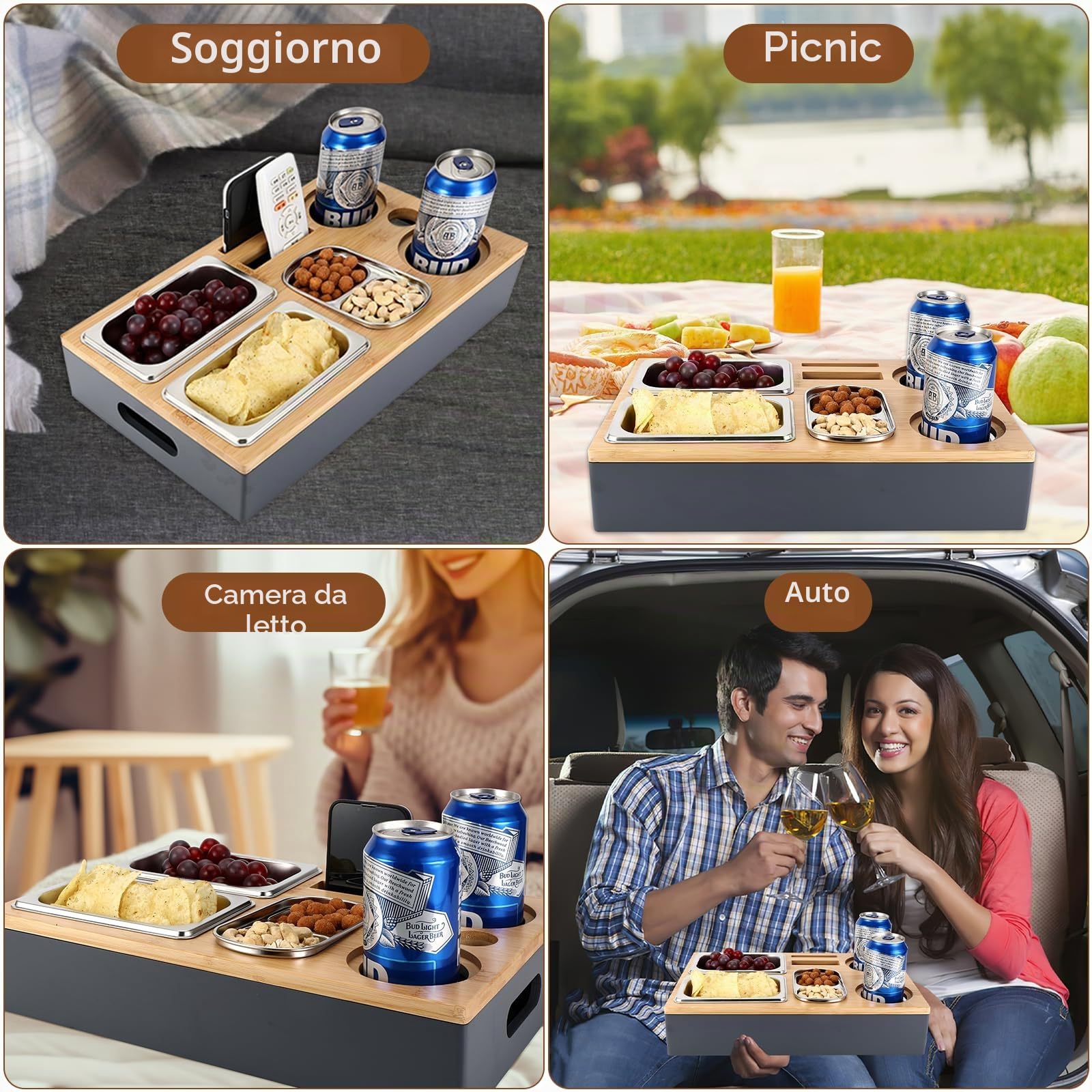 Collazoey Snackbox da Divano, con Contenitori per Snack in Acciaio Inox, con Coperchio Rimovibile, Vassoio da Divano, Supporto per Divano per Soggiorno, Camera da Letto, Giardino, Campeggio