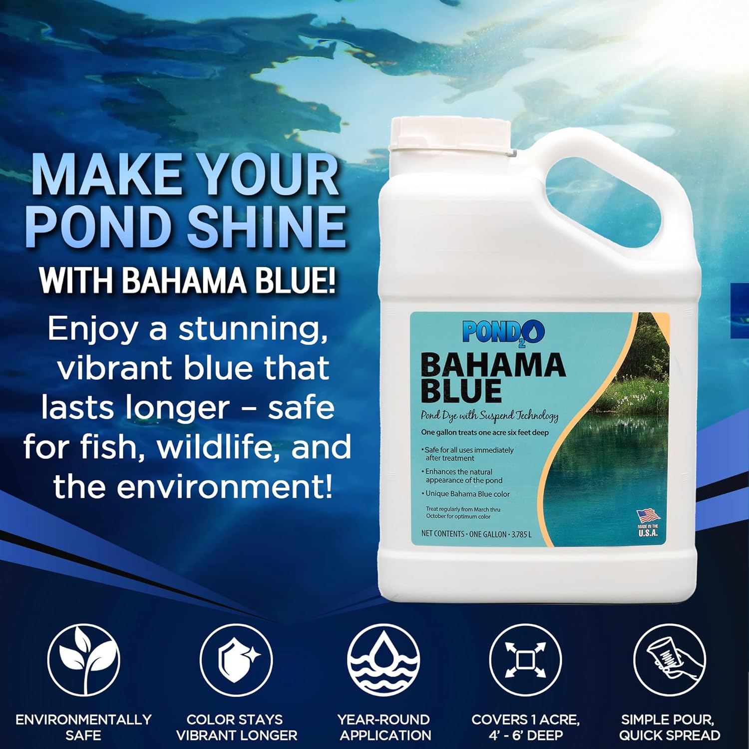 Bahama Blue Pond Dye – Fish-Safe, Water-Soluble Colorant with Suspend Technology, Long-Lasting Pond Care Solution for Lakes, Ponds & Fountains – 1 Gallon Blue Dye, Treats 1 Acre