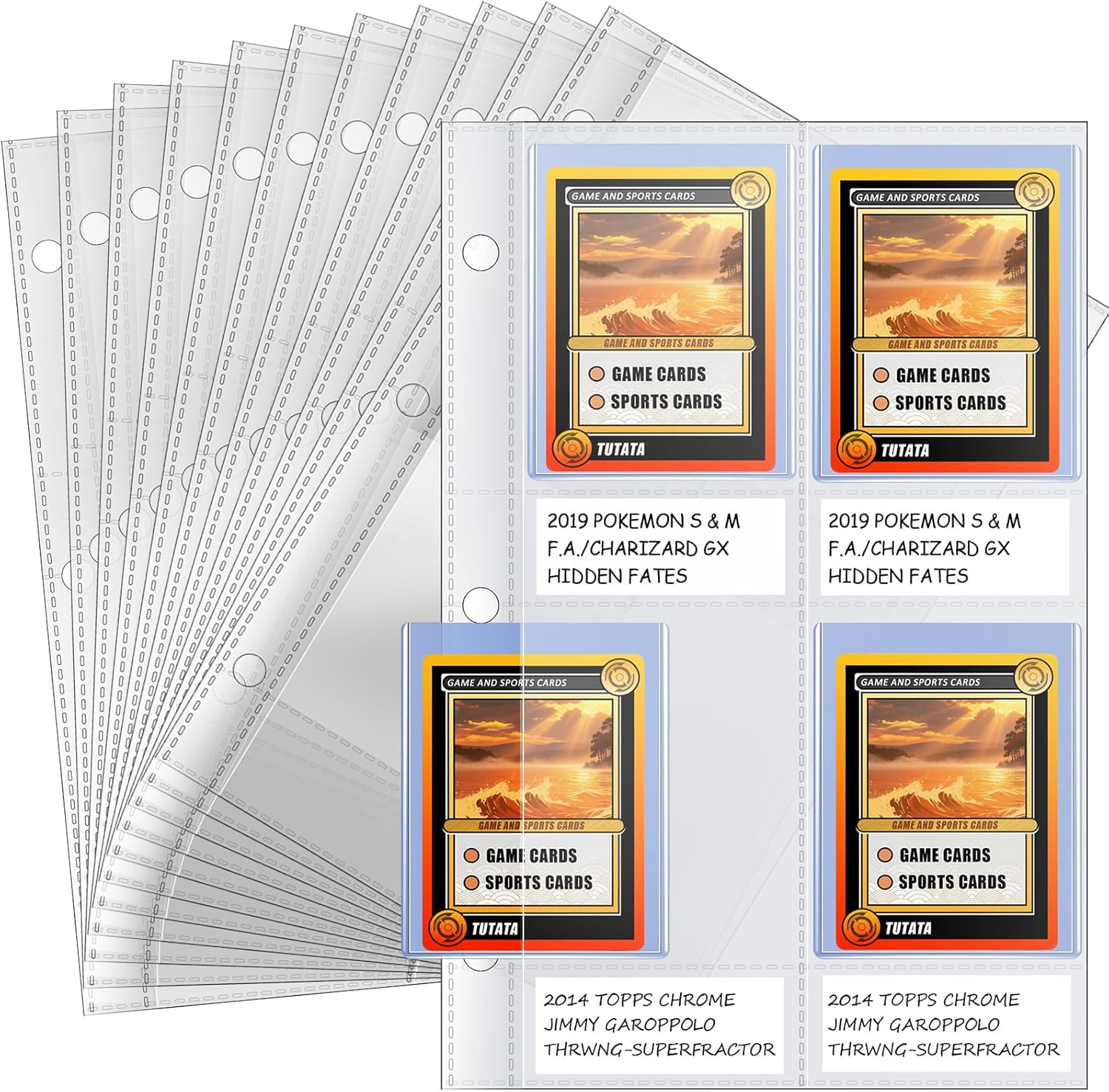 4 Pocket Top Loader Sleeves, Trading Card Binder Pages, Baseball Card Storage Sleeves for 3 Ring Binder-50 Pages