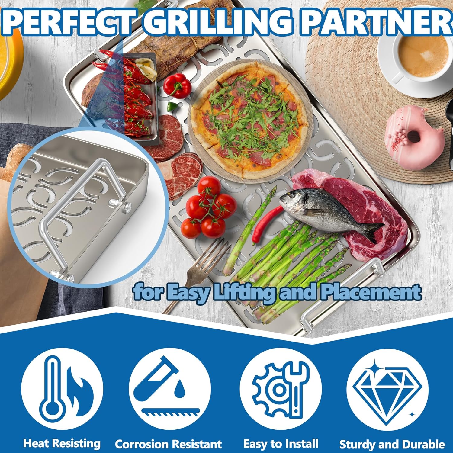 SafBbcue Fish & Veggie Grill Tray for Traeger Grill Accessories, BAC610 Stainless Steel BBQ Grilling Topper for Traeger Outdoor Grills, Grilling Basket/Pan with Holes for Veggies, Shrimp, with Handles