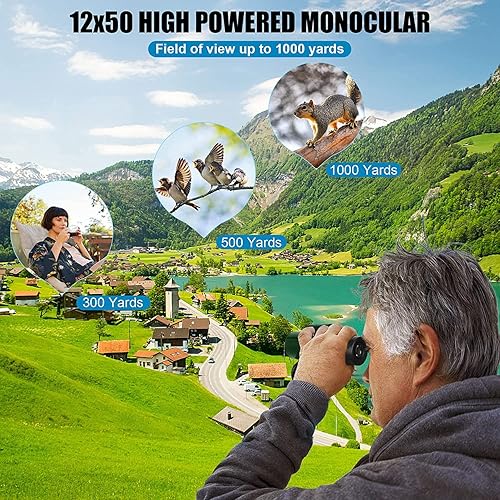 Miniatura 7 de Telescopio monocular de alta potencia de 12 x 50 pulgadas, monocular para adultos, adaptador de smartphone, telescopio monocular, caza, vida