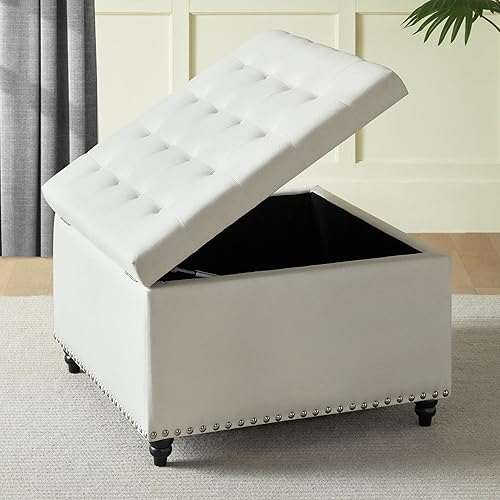 Vista 20 de BFD Mesa auxiliar otomana de almacenamiento cuadrada grande, otomana tapizada de gran tamaño con caja de almacenamiento para sala de estar