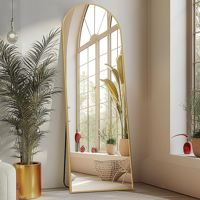 Sweetcrispy Arched Full Length Mirror 64"x21" Full Body Floor Mirror Standing Hanging or Leaning Wall, Large Arch Wall Mirror with Stand Aluminum Alloy Thin Frame for Bedroom Cloakroom, Gold