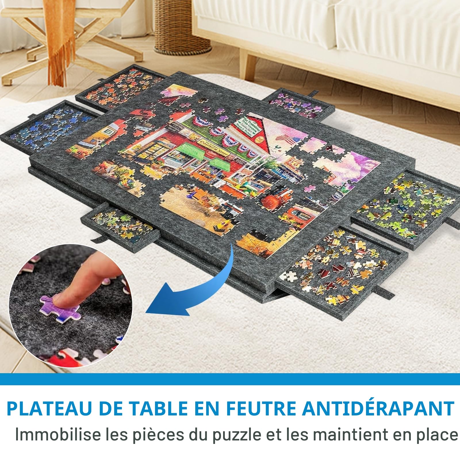Table puzzle 1000 pièces - Planche à puzzle inclinable 2 en 1 avec support et couvercle - En feutre super léger avec 6 tiroirs - Plateau portable antidérapant (gris foncé)