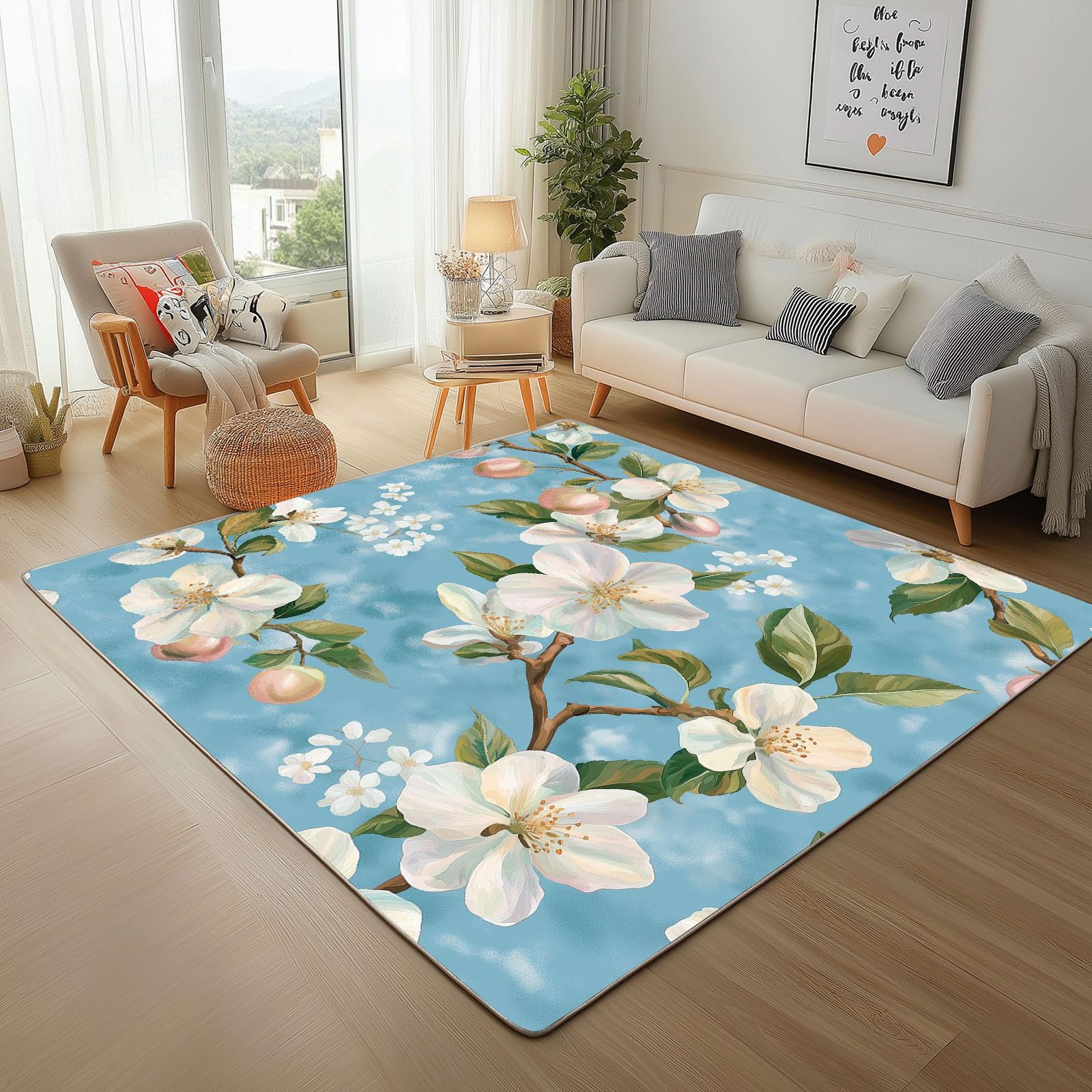 Tapis lavable bleu marine fleurs et fruits 160x230 cm idéal pour une chambre ou un salon cozy