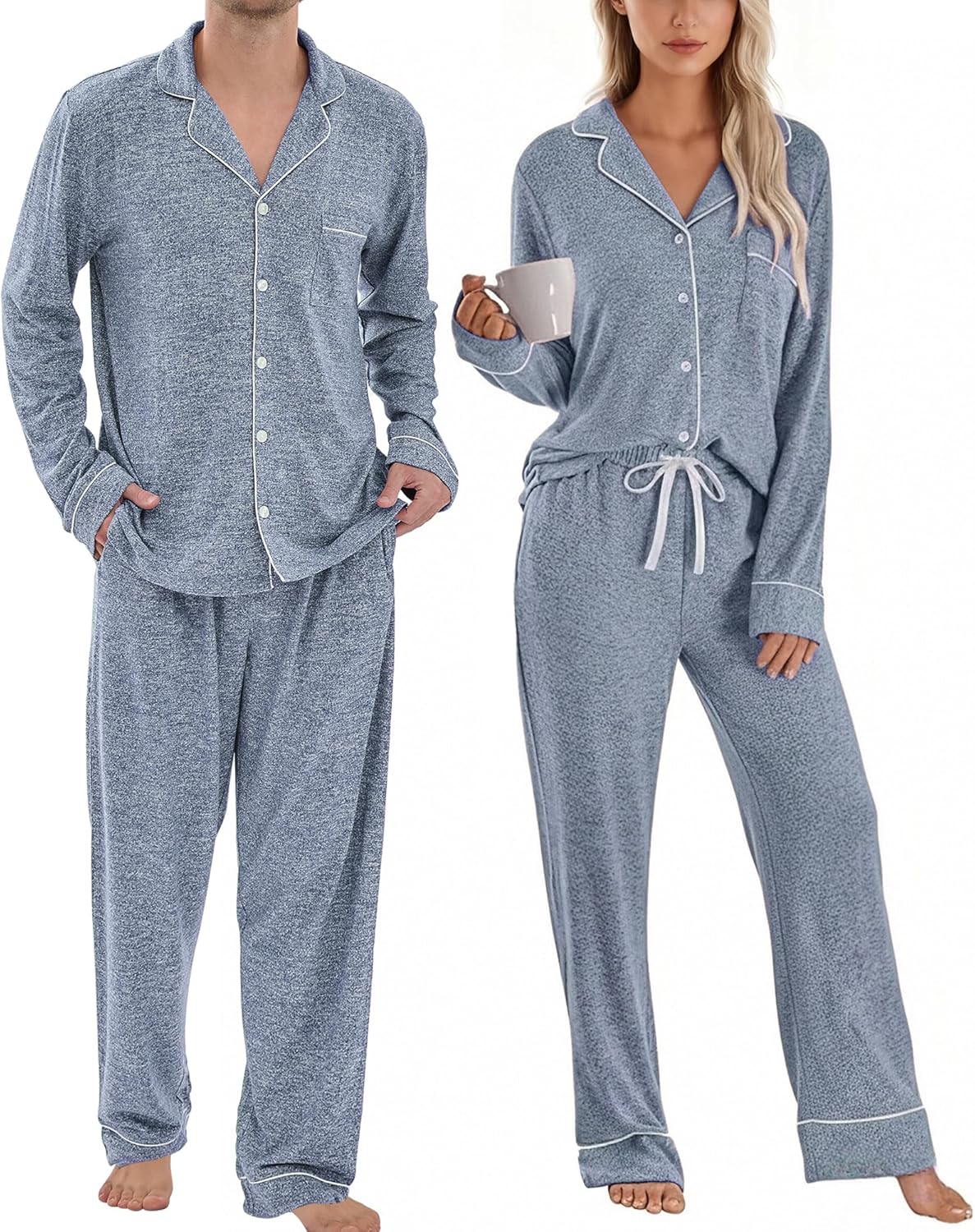 Matching Pajamas for Couples, Button Down Loungewear Soft Warm Long Sleeve Sleepwear His and Hers Pajamas Sets