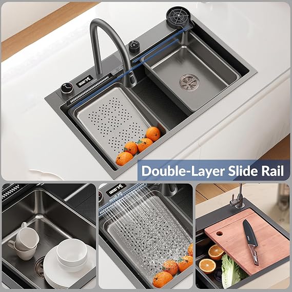 68 x 45 cm Kitchen Sink, Stainless Steel, Rectangular, Waterfall Sink Drainage Left, Kitchen Sink with Tap Hole and Overflow, Siphon, Multifunctional Bar Sink, Kitchen Workstation