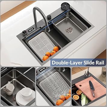68 x 45 cm Kitchen Sink, Stainless Steel, Rectangular, Waterfall Sink Drainage Left, Kitchen Sink with Tap Hole and Overflow, Siphon, Multifunctional Bar Sink, Kitchen Workstation