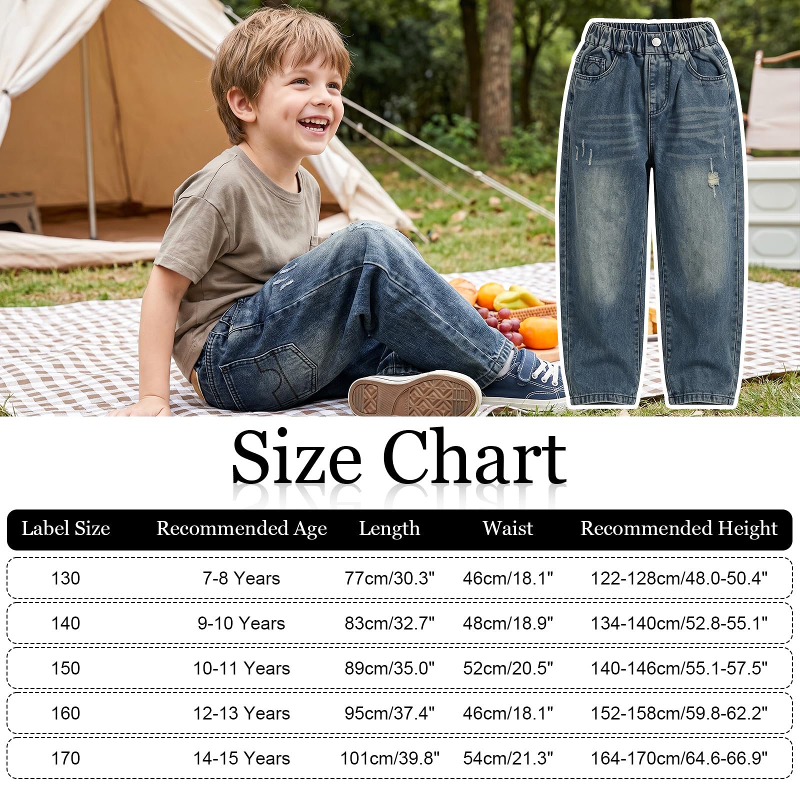 Jeans Baggy Ragazzo Bambino Pantaloni Denim con Vita Elasticizzata Tasche Multiple Casual Loose Fit Gamba Dritta Lunghi Jeans Moda Streetwear Vintage Denim Pants per Ragazzi 7-15 Anni