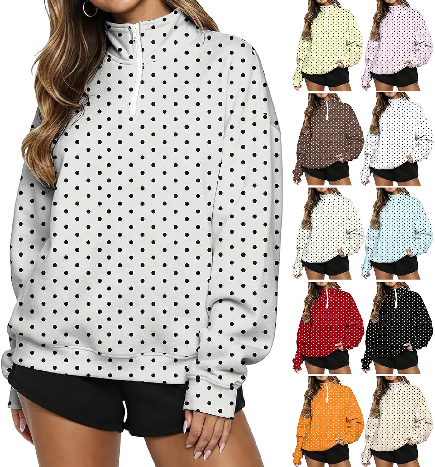 Polka Dot Quarter Zip Pullover Women Oversized